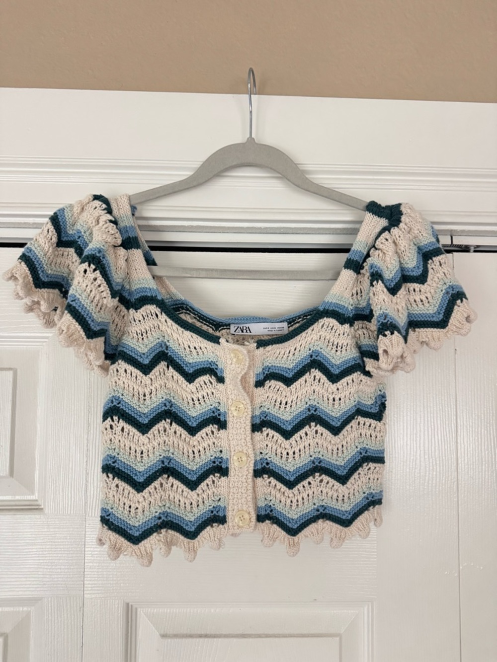 Zara Cream, Light Blue & Navy Crochet Crop Top